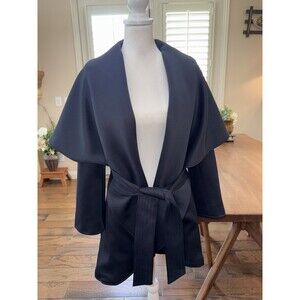 L’Atelier Navy Cape Jacket Coat XS Open Front Belted Elegant Fall Winter Layer